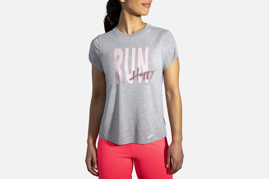 Brooks Women's Distance Graphic Sleeve Tops Heather Ash/Run Happy ( SXJIG2840 )